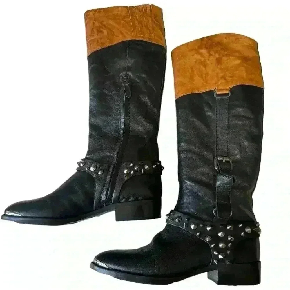 SAM EDELMAN tall leather spiked moto riding boots - black + tan - women 7 medium - Picture 4 of 16